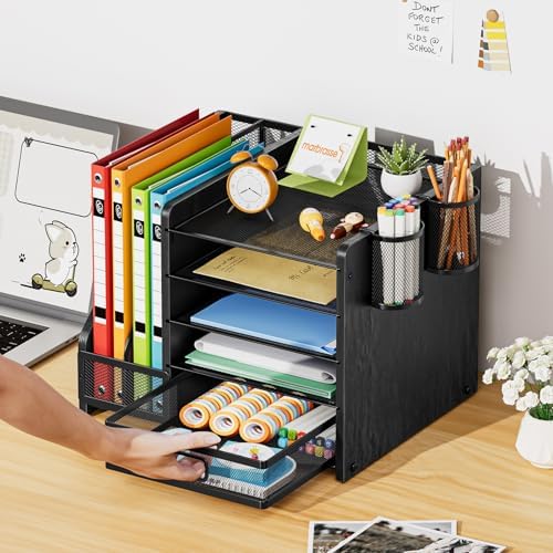 Marbrasse Desk Organizer with File Holder, 5-Tier Paper Letter Tray Organizer with Drawer and 2 Pen Holder, Mesh Desktop Organizer and Storage with Magazine Holder for Office Supplies (Wood-Black)