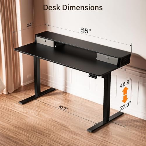 Kingant 55x24 Inch Electric Standing Desk with Dual Drawers, Black