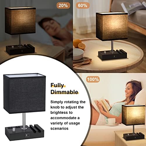 Black Bedside Table Lamps Set of 2 - Dimmable, USB C+A, 2 AC Outlets