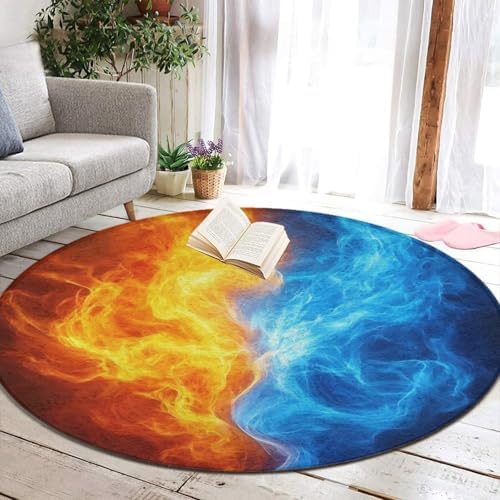 Women's Large Home Decor Mat, Soft Round Yoga Carpet, Non Slip Machine Washable Home Office Circle Rug Red Blue Ice Fire