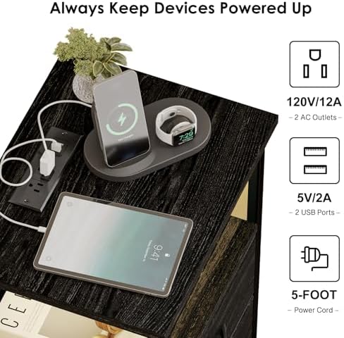 Fixwal Night Stand with 3 Fabric Drawers, Nightstand with Charging Station