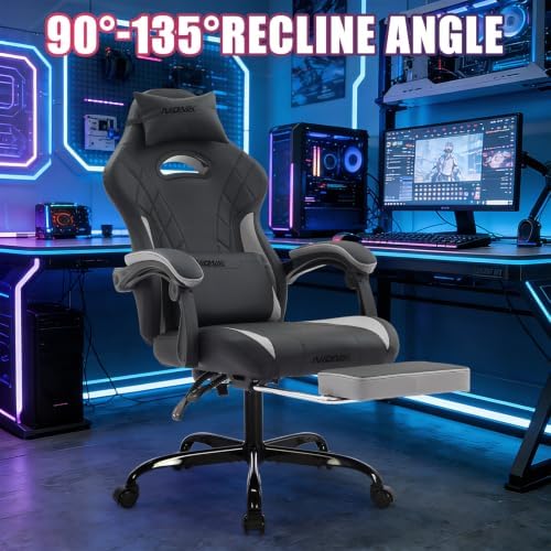 Gaming Chair with Footrest and Massage Lumbar Support, Ergonomic Computer Gamer Chair, Office Video Game Chairs with Adjustable Height and Backrest (BlackGrey)