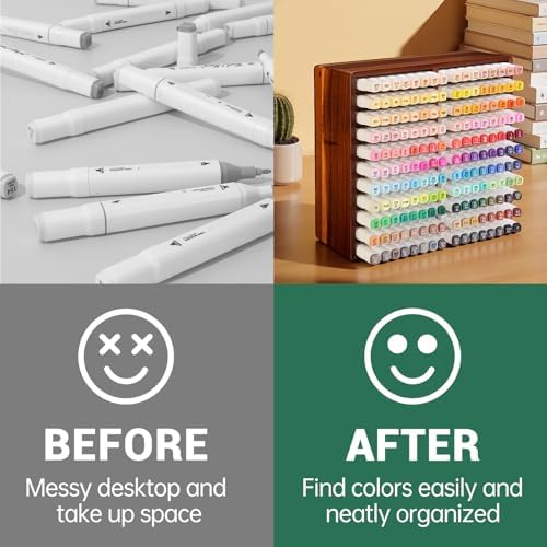 walowalo Acacia Wood Marker Organizer with 22 Compartments Holds 176 Markers, Alcohol Marker Storage Desk Organizer Pen Holder for Office Home Classroom Artists Kids Birthday Gift