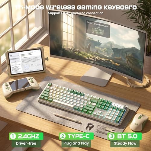 Redragon RM104 Wireless Gaming Keyboard with Knob, Tri-Mode BT/2.4G/USB-C RGB Computer Keyboards, 4000mAh Battery, Programmable Software Support, Anti-Ghosting, Compatible with PC Mac - White & Green