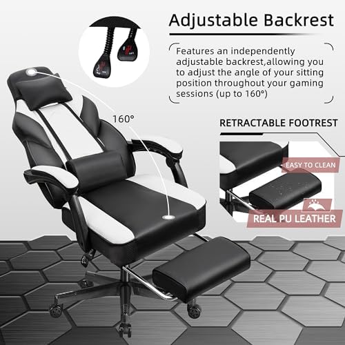 Shintenchi Gaming Chair,Video Game Chair with footrest and Massage Lumbar Support,Height Adjustable Game Chair with 360°Swivel Seat Ergonomic Computer Chair with Headrest for Office or Gaming(White)