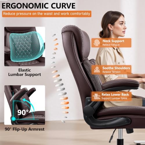 BESTFAIR Office Chair, Executive Computer Desk Chair with Lumbar Support for Lower Back Pain Relief, Ergonomic Leather Home Chair Comfy with Padded Flip-up Arms and Adjustable Armrests, Coffee