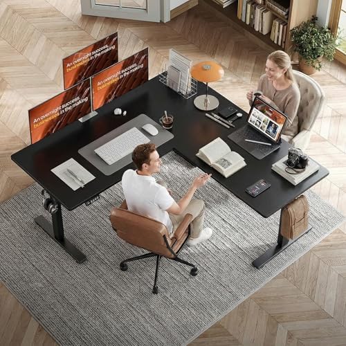 Grandder 63 x 55 Inch L Shaped Standing Desk, Electric Height Adjustable Corner Stand Up Desk, Sit Stand Corner Table Home Office Table, Black Top Black Frame