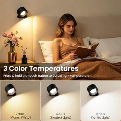 Koopala 3PACK Rechargeable LED Wall Sconce, Cordless Battery with Remote Powered Wall Sconce, 3 Brightness Levels, 360° Swivel Magnetic Shade for Bedrooms, Hallways, Den and Reading Spaces（Black）