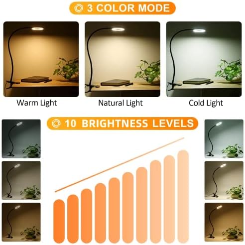 Dpower Clip on Light Reading Lights, 48 LED USB Desk Lamp with 3 Color Modes 10 Brightness, Eye Protection Book Clamp Light, 360 ° Flexible Gooseneck Clamp Lamp for Desk Headboard Video Conferencing