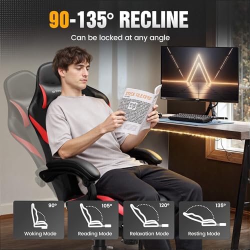 GTPLAYER Gaming Chair with Foot Rest & Pocket Spring Cushion, Ergonomic High Back Computer Chair with Headrest & 360°-Swivel Seat for Home Office Desk, PU Leather, Red