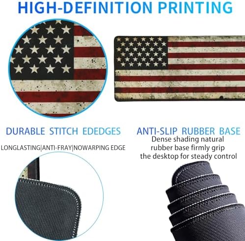American Flag Gaming Mouse Pad, Large Mouse Pad for Desk Mat XL Mousepad, Stitched Edges Non-Slip Rubber Base Mouse Pads for Computers Laptop (USA Flag-Large-White)
