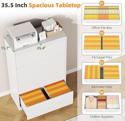 4 Drawer File Cabinet with Lock,Metal File Cabinet for Home Office,Heavy-Duty Steel Locking File Cabinet, Hanging Letter/Legal/A4 Size,Full-Extension Silent Drawer,Un-Assembly,White