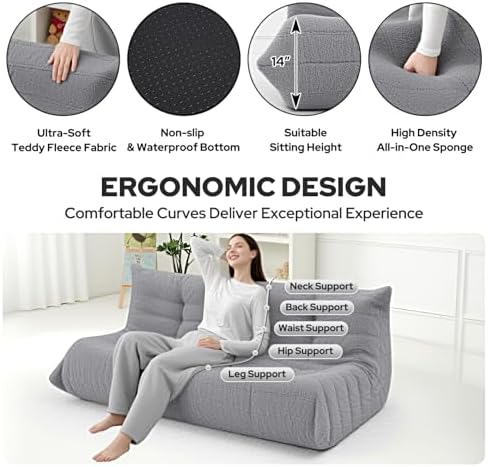 HABUTWAY Bean Bag Chairs Fireside Lazy Floor Sofa,3 Seater,Light Grey