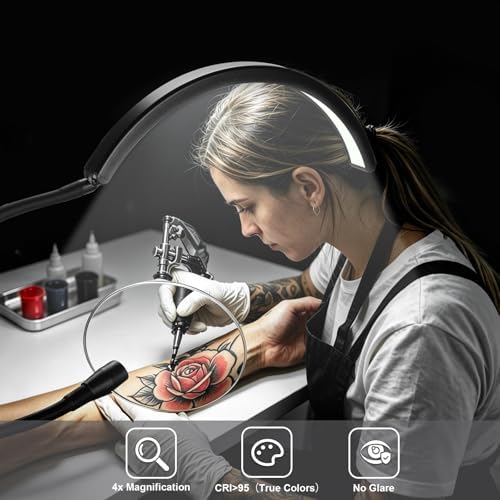 Half Moon Desk Lash Light with 4X Magnifier, 2-in-1 Dual Arm Gooseneck Clamp Lamp for Eyelash Extension, Shadow-Free Esthetician Light, Adjustable Color & Brightness for Tattoo, Sewing, Crafts