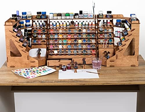 Plydolex Plywood Corner Model Paint Organizer - 32 Bottle & 46 Brush Slots Rack, 3 Shelves, 6 Stands & a Photo-Shooting Scene - Suits Tamiya, Vallejo, Citadel Paints - Works for Warhammer 40K, DnD