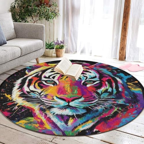 Home Decor Non Slip Kitchen Office Circle Rug, Machine Washable Modern Round Area Rug, Room Sofa Yoga Soft Round Carpet Colorful Splash Ink King of Tiger Art, 36inch