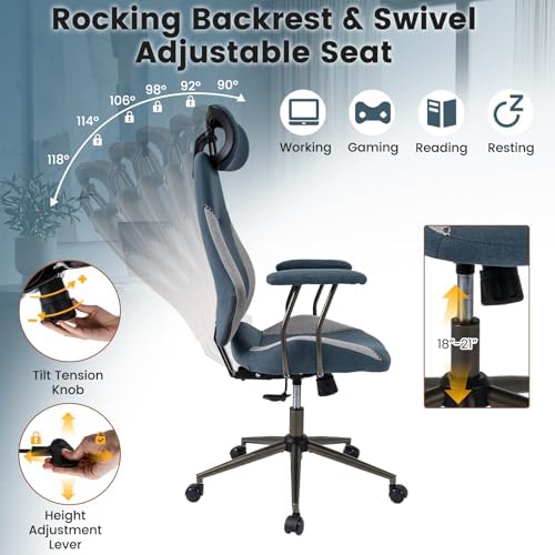 GIANTEX Ergonomic Office Chair, Mid Century Modern Fabric Computer Desk Chair with 2D Headrest, Rocking Backrest & Wheels, Vintage High Back Rolling Chair for Executive, Gray