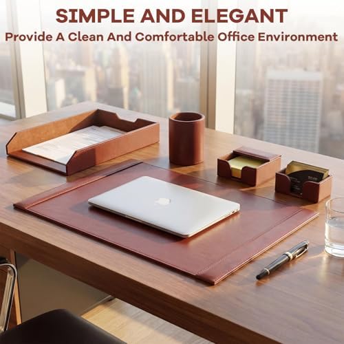5 Pcs Bonded Leather Desk Organizer Accessories Set 30 x 18 Inch Leather Desk Mat Protector Sticky Note Holder File Paper Tray Pen Cup Business Card Holder Workspace Decor for Women Men
