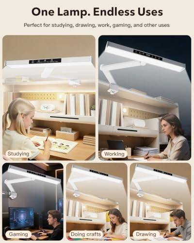 LED Desk Lamp, 23.6 Inch Extra Wide Clamp Light, 18W 1200LM Dimmable with 3 Color Modes, Eye-Caring Space-Saving Task Lamp for Home Office, Study,Reading