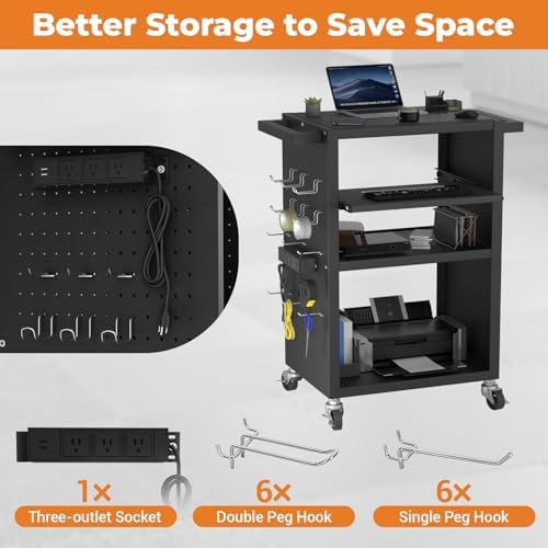 Mobile AV Cart with Pullout Keyboard Tray, Rolling Computer Cart Height Adjustable Rolling Media Utility Cart with 4 Wheels