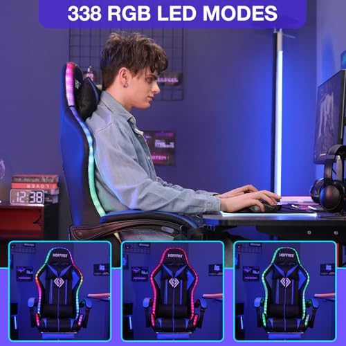 HOFFREE RGB Gaming Chair with Speakers Massage LED Lights Game Chair-Blue