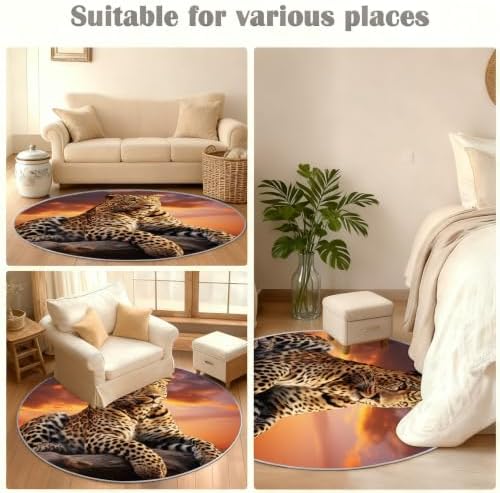 Leopard Round Rug - 4ft Washable Cheetah Print Round Area Rug for Living Room, Wildlife Circle Rugs Soft Non-Slip Carpet for Bedroom Kitchen Dining Table Decor Mat
