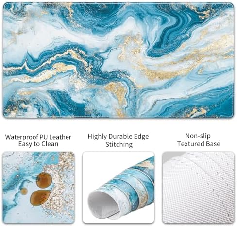 QiyI PU Leather Desk Mat Set, 4-in-1 Ergonomic Wrist Rest, Blue Fluid Art