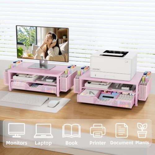 Monitor Stand Riser with Mesh Drawer and 2 Side Pen Holders, Pink Metal Top