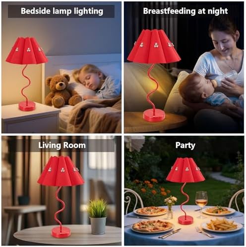 Cordless Rechargeable LED Table Lamp, Portable Desk lamp Battery, 3 Color Stepless Dimming with Memory Function, Suitable for Outdoor, Dinner, Patio & Restaurant. (red with Diamonds)