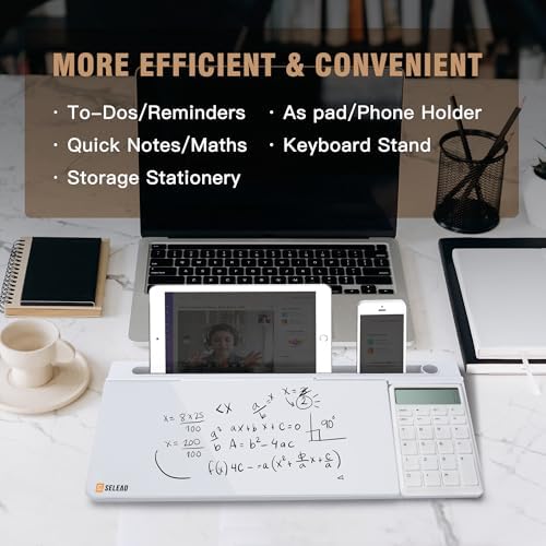 SELEAD Desktop Glass Whiteboard with Calculator & Built-in Mirror, White