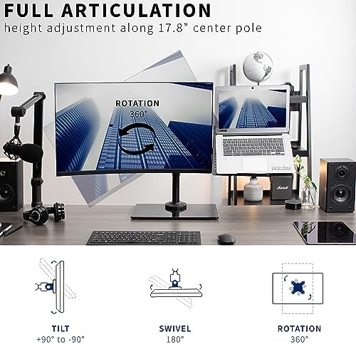 VIVO Free Standing Single Computer Monitor and Laptop Combo Desk Stand with Sleek Glass Base, Fits up to 32 inch Monitors and 17 inch Laptops, Black, STAND-V002FGL