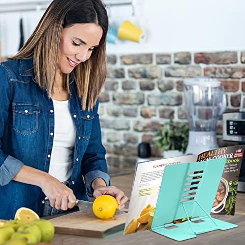 Honagu Book Stand Metal Desk Book Holder, Book Holders for Reading Hands Free, Adjustable Cookbook Documents Holder, Portable Bookstand for Music Books, Textbook, Recipe, Tablet, Ipad (Light Green)