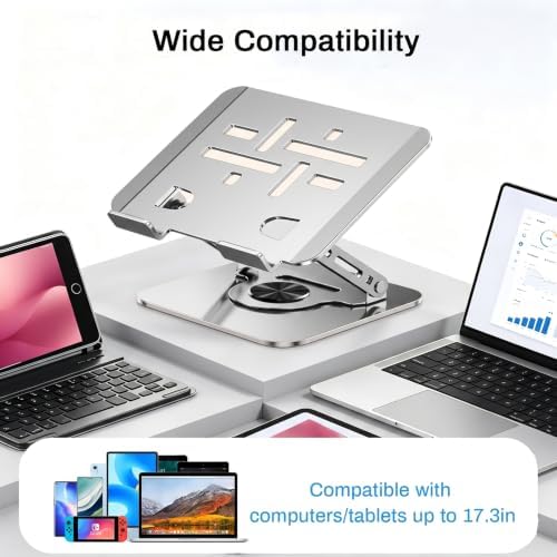 360°Rotating Laptop Stand, Ergonomic Adjustable Foldable Notebook Riser, Metal Computer Holder Compatible with 10-17.3" Laptops, Desktop Printer Stand, for Home & Office (Sliver)