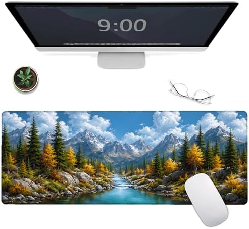 Mountain River Gaming Mouse Pad,Nature Large Desk Mat, 31.5x11.8x0.12in Extended Non-Slip Rubber Landscape Mousepad, Computer Deskmat Gifts, Laptop Mice Pads Decor for Office Home