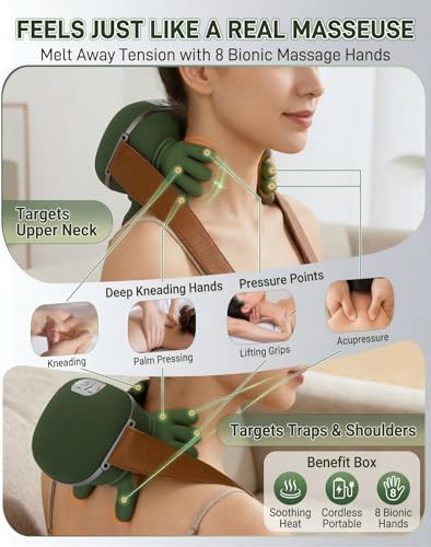 N7 Bionic Neck and Shoulder Massager, Heated Real-Hand Massagers with Fingers for Back Muscle Pain Relief, Portable & Lightweight Design