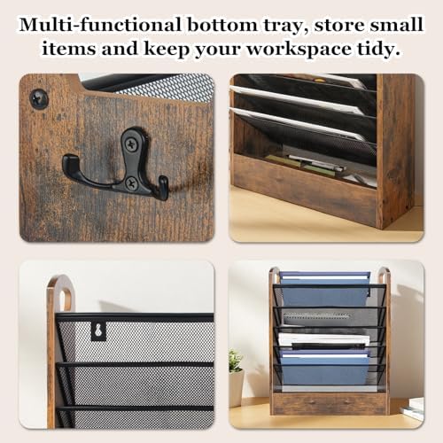 EHWINE Wall File Organizer, 6 Tier Hanging Wall File Organizer with Bottom Tray, Mail Organizer Wall Mount, Wooden Desk Organizer for Office or Home