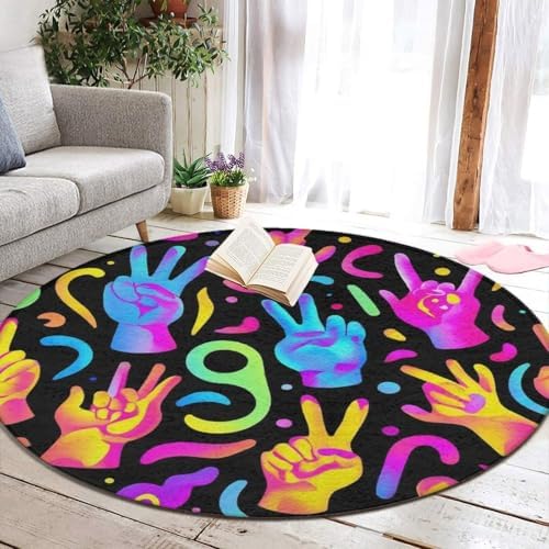 Large Home Decor Mat, Soft Round Yoga Carpet, Non Slip Machine Washable Kitchen Office Circle Rug Trippy Neon Hands