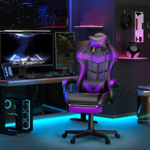 Huracan Gaming Chair with Footrest, Ergonomic Computer Chair Lumbar Support, Adjustable High Back Recliner for Adults, Racing Style Video Gaming Chairs, for Home Office Streaming, Purple