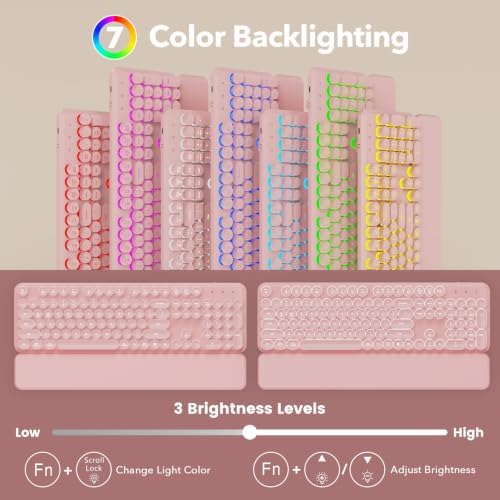 Rechargeable Backlit Wireless Keyboard and Mouse Combo, Retro Typewriter Keyboard with Magnetic Wrist Rest, Light Up Letters, 2.4GHz Cordless Connection for Mac, Windows PC, Laptop (Glowing Pink)