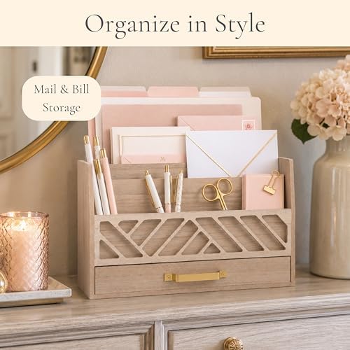 BLU MONACO | Wooden Mail Organizer with Drawer and Gold Handle | Outgoing Mail Holder and Letter Sorter for Desk | Natural Wood Desktop Paper Organizer