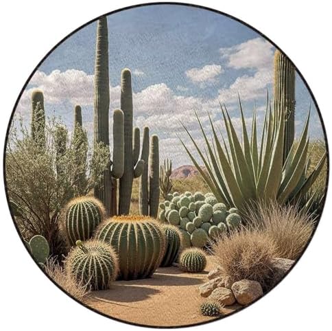 Natural Desert Round Office & Gaming Chair Mat for Hardwood Floors, Cactus Landscape Style Non-Slip Protector for Rolling Chairs,Protect The Floor from Scratches, Earth Blue Diameter 55 in