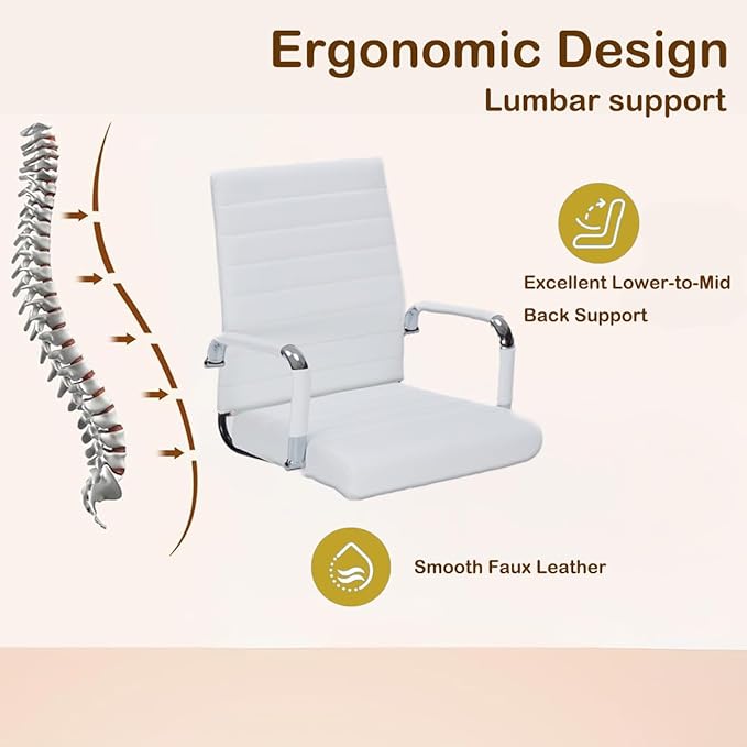 White Leather Ribbed Office Desk Chair, Ergonomic Mid-Back Executive Conference Room Chairs with Wheels, Adjustable Swivel Computer Task Chair with Arms and Thick Padded Seat