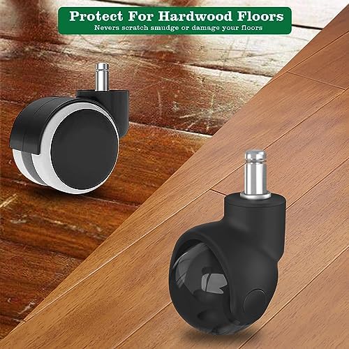 Office Chair Wheels Replacement 2 Inch Rubber Ball Caster Wheels for Wood Floor Carpet Mats, Set of 5, Heavy Duty Desk & Gaming Chair Casters 7/16" (11mm) Grip Ring Stem, Quiet Smooth Rolling (Black)