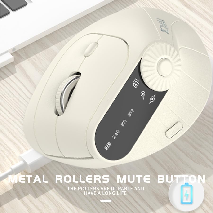 JOMAA Wireless 2.4G & Dual Bluetooth Three-Channel Ergonomic Vertical Mouse Adjustable DPI, Multi-Function Turntable for PC, Laptop, MacBook, Rechargeable (Beiga)
