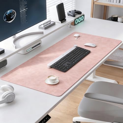 Distressed Leather Desk Mat - Non-Slip PU Leather Desk Pad Protector - Large Waterproof Mouse Pad Computer Keyboard Desk Mat Desk Accessories for Office & Home (Pink, 36"x17")