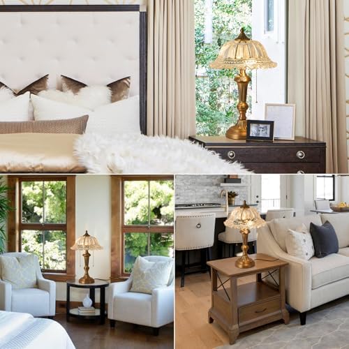 HDDFL Glass Shade Table Lamp Vintage Brass Metal Desk Lamp 2 Lights Table Light with Plug Switch for Bedroom Living Room Home Office