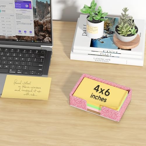 Sticky Note Holder, Glitter Pink Acrylic Notepad Holder 4x6 in Self-Stick Note Dispenser Office Desk Accessories, Memo Pad Holder Organizer for Classroom School Supplies