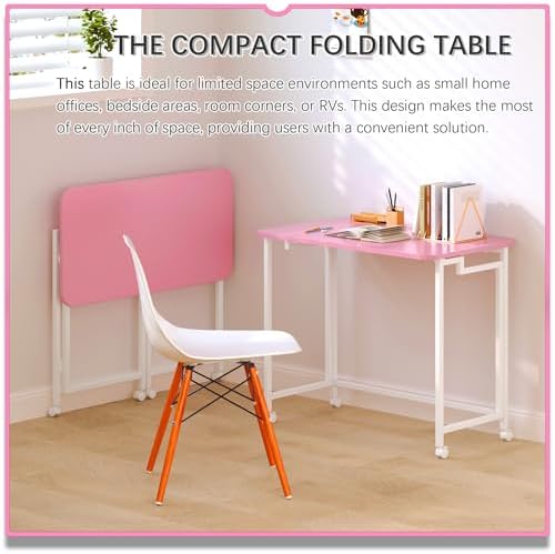 4NM 27.5" Mobile Small Rolling Computer Desk, Folding Laptop Cart Table with Wheels, Portable Office Desk for Small Space Couch Bed - Pink and White
