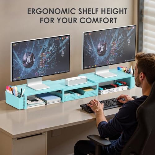 Desk Organizers and Accessories, Dual Monitor Stand Riser with Drawer and 2 Pen Holders, Desk Shelf Printer Stand for Office Workspace Organizers, Desktop Organization (Blue)