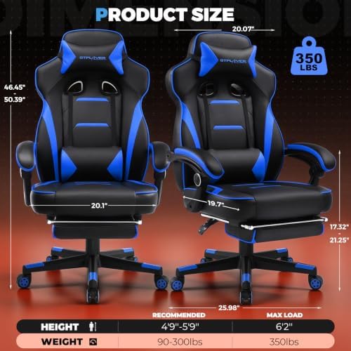 GTPLAYER Gaming Chair with Footrest, 350LBS Big and Tall Office Chair, Ergonomic High Back Lumbar Support and Recliner for Back Pain Relief, Blue